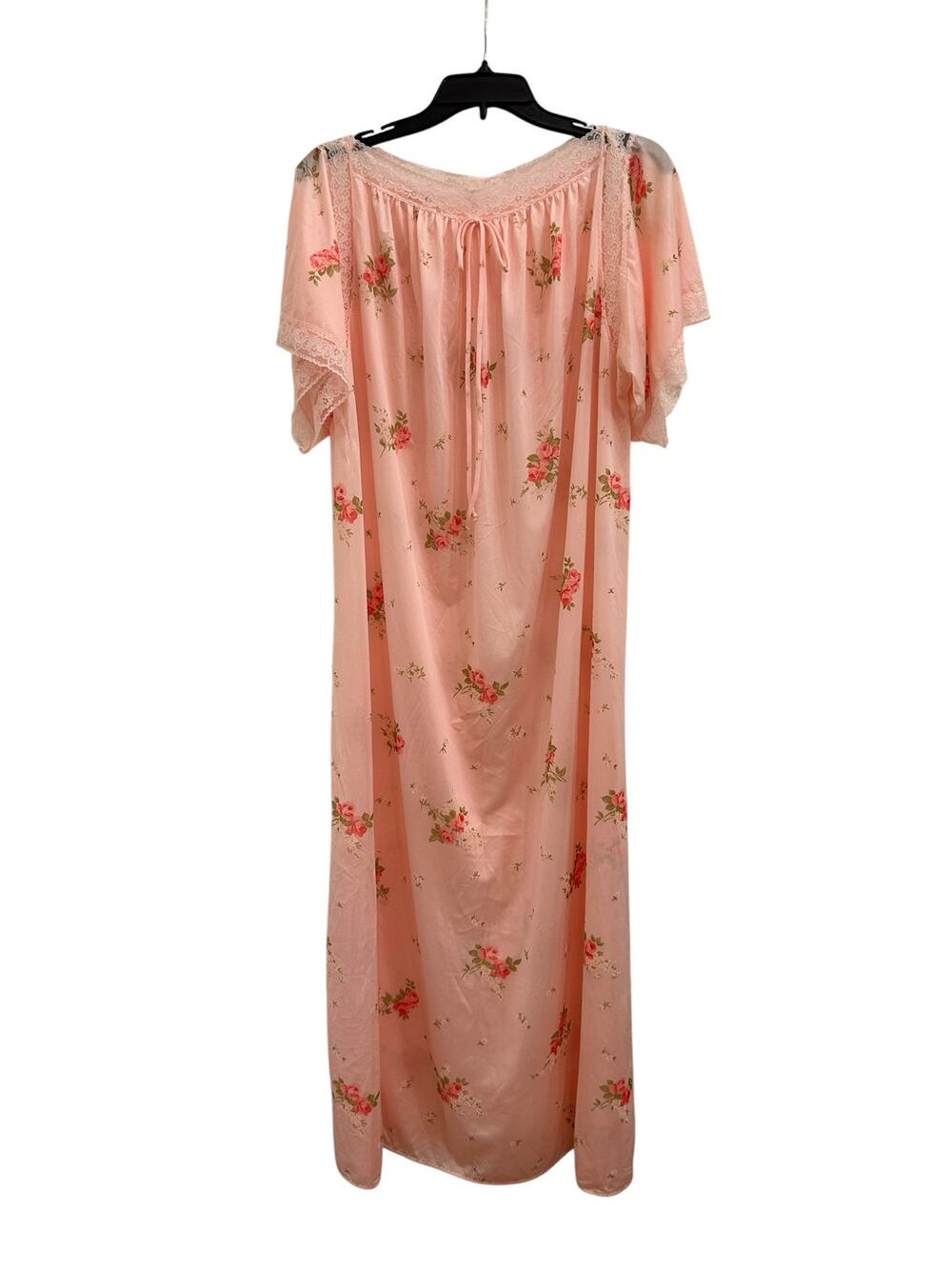 Vintage 1970s Pink Rose Floral Nightgown Lace Angel Sleeve Maxi S -